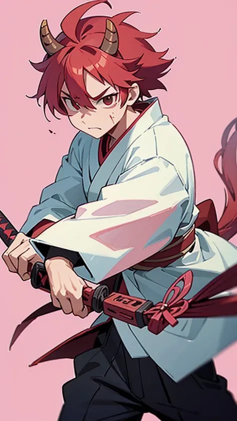 An oni hunter, pink and red hair, he has black eyes, he has a scar on his left eye, he owns a katana and has a white kimono 