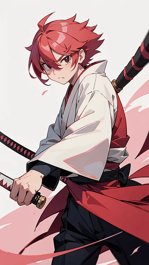 An oni hunter, pink and red hair, he has black eyes, he has a scar on his left eye, he owns a katana and has a white kimono 