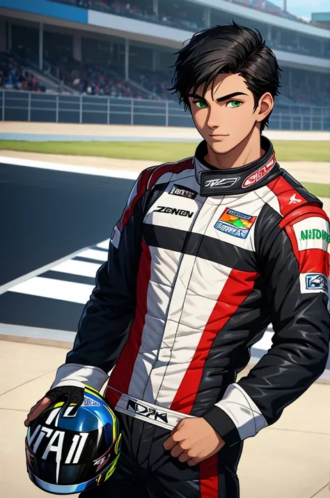 a handsome and sensual young male, 18 years old, athletic body, black hair, green eyes, wearing a racing drivers outfit, with the top part of the suit open showing his chest.