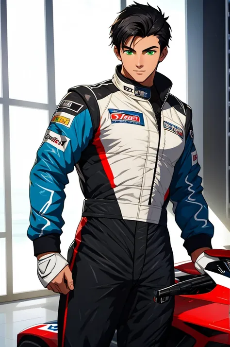 a handsome and sensual young male, 18 years old, athletic body, black hair, green eyes, wearing a racing drivers outfit, with the top part of the suit open showing his chest.