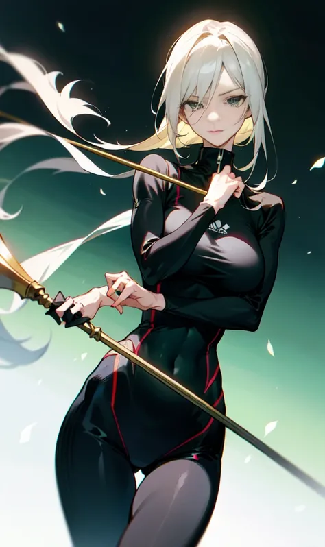 40 year old milf woman with slender body wearing a black training outfit while with a calm expression light green eyes holding a spear,anime styling