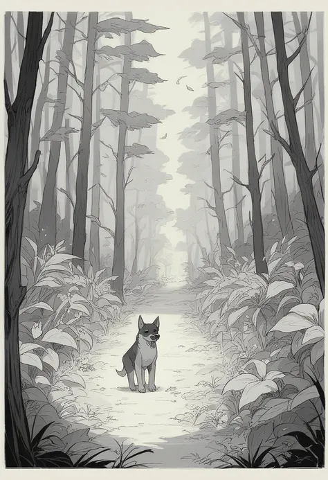 Draw a cute and friendly dog in cartoon style, with thick and simple lines. The dog must be standing in the middle of a forest, surrounded by trees and plants. Make sure the background is completely white and the image is in black and white, just with line...