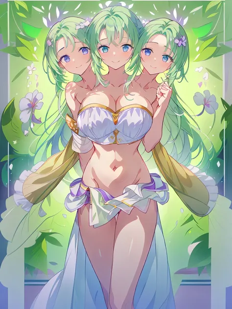 (masterpiece, best quality), best resolution, (3heads:1.5), 1girl, light green hair, flowing hair, smiling, soft smile, open belly, white-violet crop top, violet-white miniskirt, open breasts, huge tits, sexy pose, 
