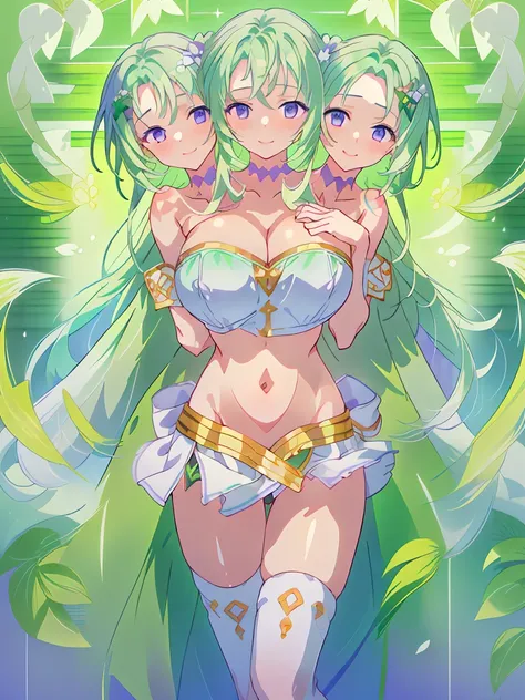 (masterpiece, best quality), best resolution, (3heads:1.5), 1girl, light green hair, flowing hair, smiling, soft smile, open belly, white-violet crop top, violet-white miniskirt, open breasts, huge tits, sexy pose, 
