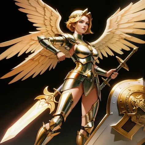 strong angel with heavenly armor, with sword shield, seven wings, poised for battle