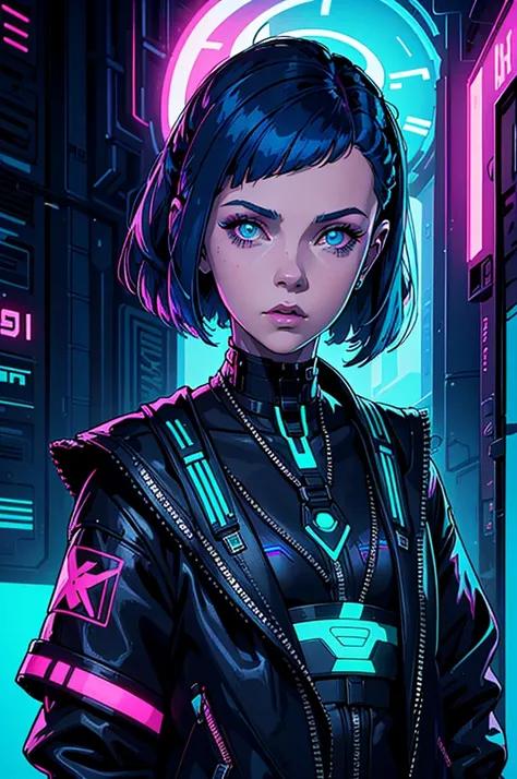 a digital painting of Millie Bobby Brown with blue hair, cyberpunk art by Josan Gonzalez, behance contest winner, afrofuturism, synthwave, neon, glowing neon