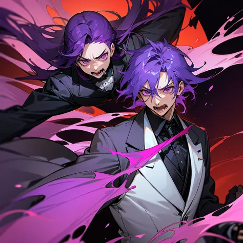 Extreme scenemy of a man with purple hair, purple eyes and a tuxedo stained in blood, screaming, desperate, Purple fire behind