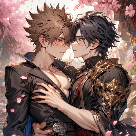 absurdres, highres, ultra detailed, HDR, master piece, best quality, Kaerius, black hair, spiked hair, hair between the eyes, expressive red eyes, Dream and Legacy, Nair, brown hair, messy hair, expressive blue eyes, two sexy men together, gay couple, yaoi...