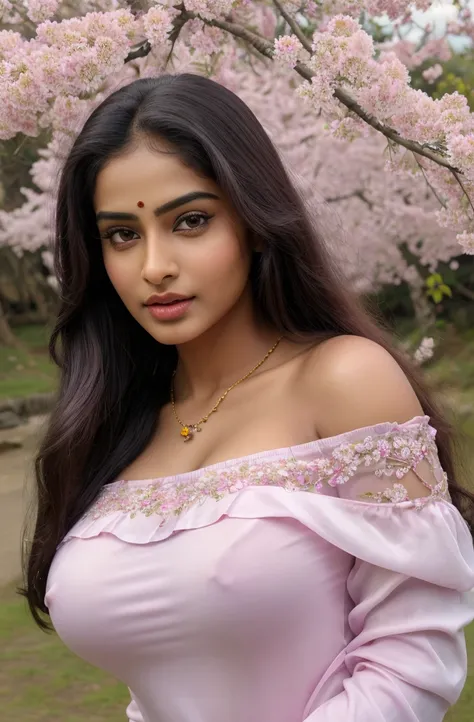 highest quality, masterpiece, ultra high resolution, (realistic:1.4), Raw photo, cute beautifull girl, indian best beautiful women, 24 years old, xxl size breast, beautiful face、off shoulder, beautiful silky smooth long hair binding, wearing beutiful colou...