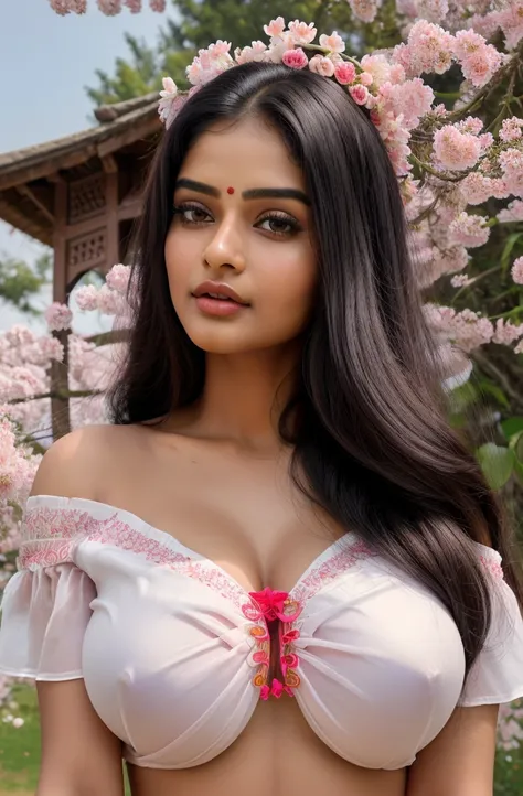 highest quality, masterpiece, ultra high resolution, (realistic:1.4), Raw photo, cute beautifull girl, indian best beautiful women, 24 years old, xxl size breast, beautiful face、off shoulder, beautiful silky smooth long hair binding, wearing beutiful colou...