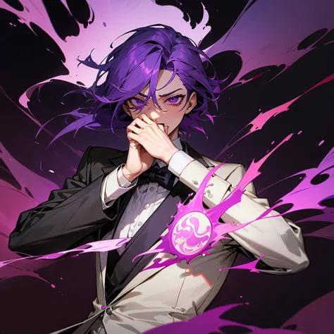 Extreme scenemy of a man with purple hair, purple eyes and a tuxedo stained in blood, screaming, Purple fire behind, Covering face