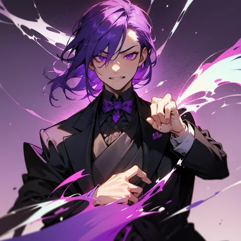 Extreme scenemy of a man with purple hair, purple eyes and a tuxedo stained in blood, screaming, Purple fire behind, Covering face