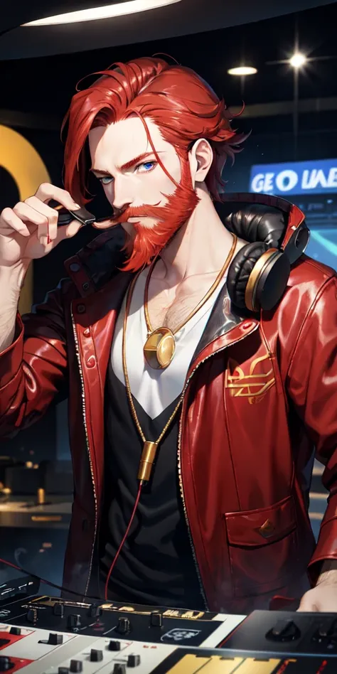 top-Quality,Red hair, golden eyes, beard, smoking, young man, headphones around his neck, wearing Distasha, DJ