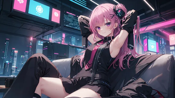 a girl,solo,Mitsukasa Aase,long pink hair,gentle,smile,medium-hair long,straight_hair,(((bare shoulders))),black skirt,black gloves,cyberpunk characters,night,night city background,Digital punk,anime style 4k,Sitting on the sofa,indoors,in bedroom,armpits,...