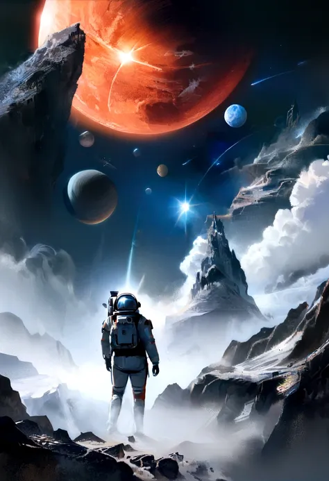 (best qualityer,4K,8K,A high resolution,work of art:1.2),(realisitic, fotorrealisitic, fotorrealisitic:1.37), astronaut floating in space, in the background we have a black hole and some stars, science fiction, Retro-futuristic technology,Starry fog,explor...