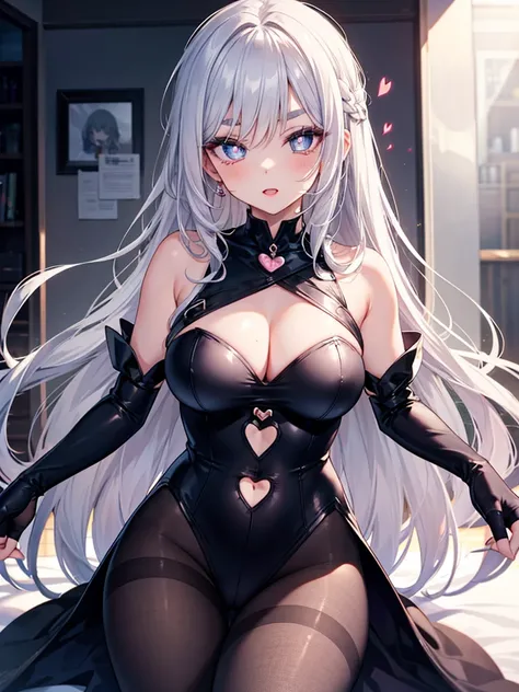 mature_female,silver hair,lipstick,eyeshadow,long_eyelashes,thick eyebrows,ahegao,jitome,heart-shaped_pupils,black_pantyhose,fingerless_gloves,,long hair