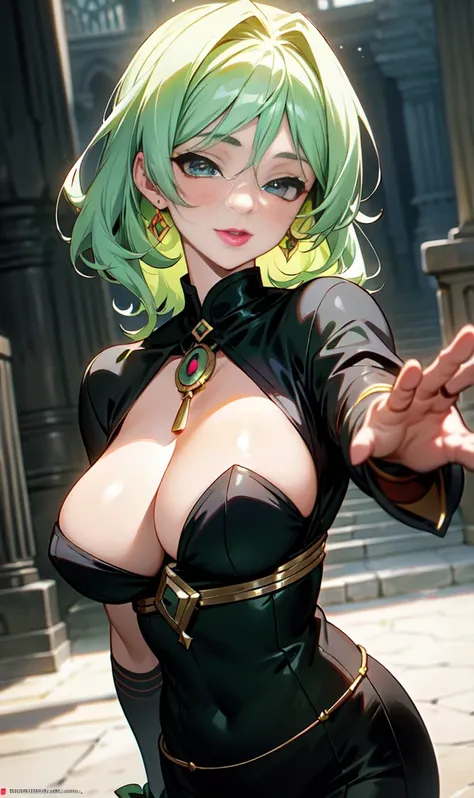 40-year-old woman with large breasts wearing a black costume from an ancient era while walking with a slight smile on her face with her lips covered in lipstick while her light green eyes shine,anime styling