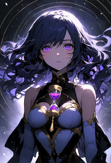 a 20-year-old female character, long wavy dark blue hair, violet eyes, Caucasian skin, hourglass style body.