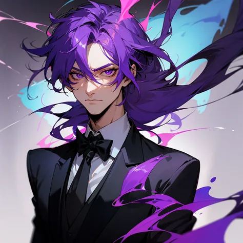 Extreme scenemy of a man with purple hair, purple eyes and a tuxedo stained in blood, Purple fire behind, Covering face