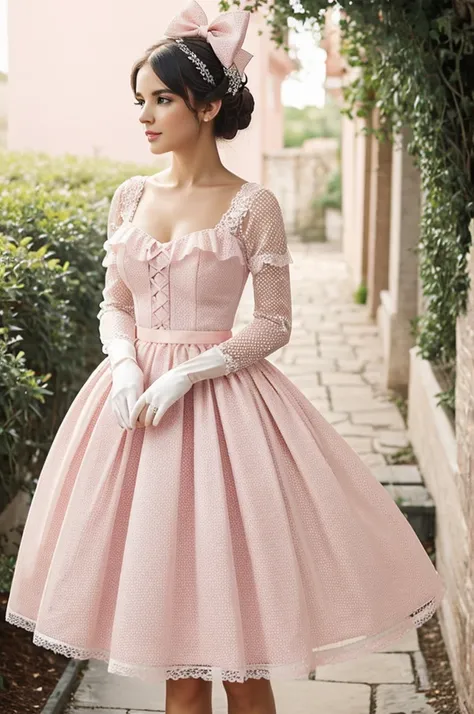 A dress of a creamy pink color with a milky-white bodice covered in delicate black dots and lined with pink
lace, a bustle made of stylish matching bows, and a smart-looking skirt of
 brushed pink silk. And buttoned gloves