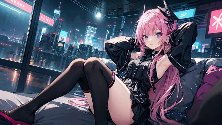 a girl,solo,Mitsukasa Aase,long pink hair,gentle,smile,medium-hair long,straight_hair,(((bare shoulders))),black skirt,black gloves,cyberpunk characters,night,night city background,Digital punk,anime style 4k,Sitting on the sofa,indoors,in bedroom,armpits,...