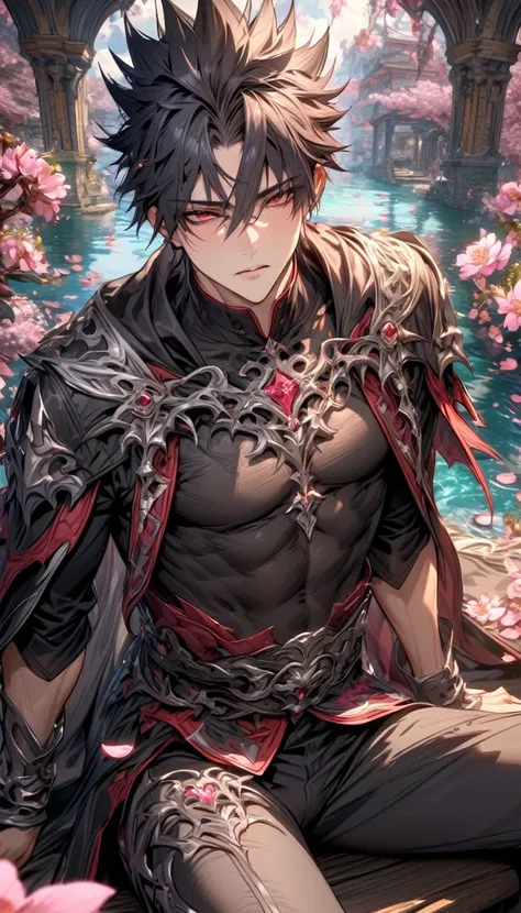 absurdres, highres, ultra detailed, HDR, master piece, best quality, Kaerius, black hair, spiked hair, hair between the eyes, expressive red eyes, Dream and Legacy, solo, sexy man, handsome, sitting, black coat, black tight T-shirt, belt around his chest, ...