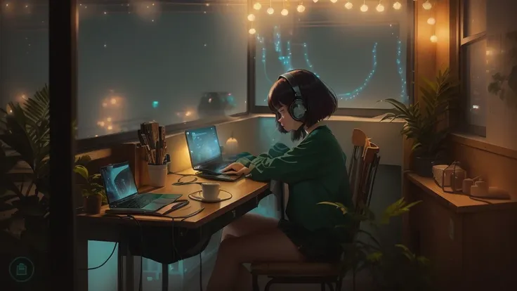 A woman is sitting at a table with a laptop, Lofi Artstyle, Lo-fi Girl, Lo-fi Girl aesthetic, Lo-fi aesthetic, Lo-fi feeling, Lofi Art, Inspired by Atei Gailan, Anime Aesthetics, Atei Gailan Style, Lo-fi illustration style, Portrait of Rofi, An atmosphere ...