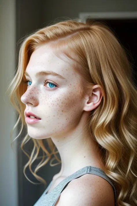 1 girl, 19yearsold, alone, aesthetic art, Irish, wavy strawberry blonde hair, Hair to the shoulders, grey-eyed, light gray eyes, some small freckles, pale skin, runner&#39;s body, (texturized skin, skin pore:1.1), shiver, wearing a cardigan with nothing un...