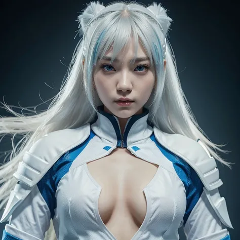 Korean girl, white long hair with bangs, icy blue eyes, white skin, white skimpy ninja suit, video game style, mortal kombat style