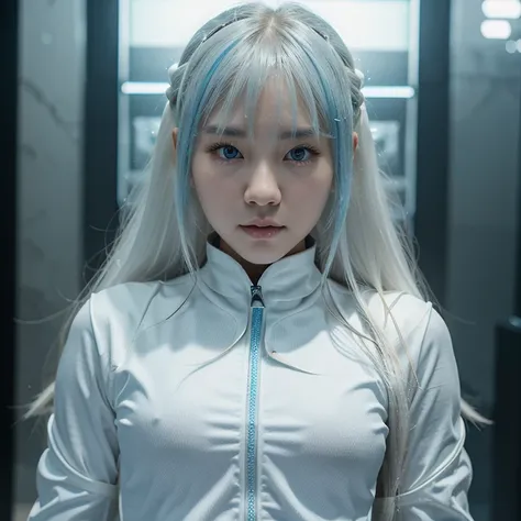 Korean girl, white long hair with bangs, icy blue eyes, white skin, white skimpy ninja suit, video game style, mortal kombat style