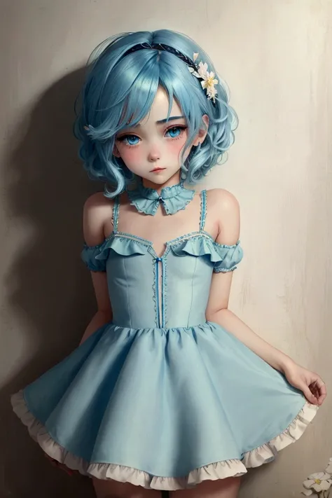 ((best quality)), ((masterpiece)), (detailed), femboy, blue aqua hair, blue eyes,short hair,( flat chest), thin body, big butt, cute face,blush on face, shy face, frilled dress, short dress, sexy pose, hot pose, flower mountain background 