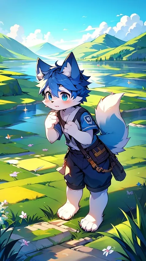 Blue fur, Canine, fox motif, boy, uniform,expensive，One person，Stand up on your own feet，expensive，Cityscape，expensive，，Rural Scenery，Rice field scenery，