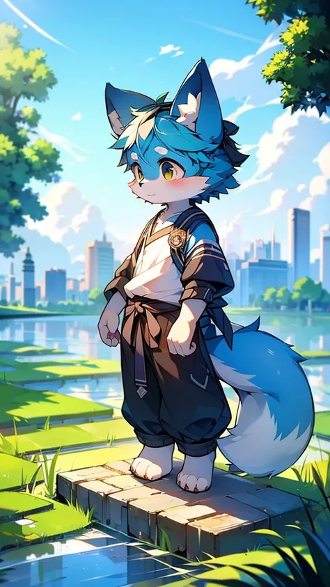 Blue fur, Canine, fox motif, boy, uniform,expensive，One person，Stand up on your own feet，expensive，Cityscape，expensive，，Rural Scenery，Rice field scenery，