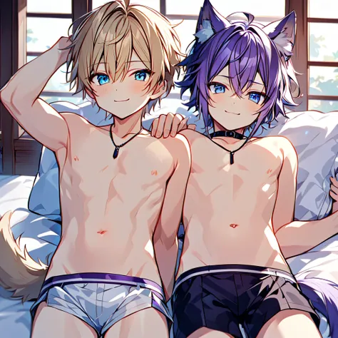 cute male, Cats ears, cat tail, looking at the camera, smiling, hair blonde, blue eye, wearing no shirt, white Athletic Belt, lying in the bed, japanese house, 4 , cute boy, , wearing no shirt, black neck necklace, Athletic Belt, protuberance, hands behind...