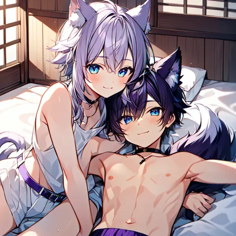 cute male, Cats ears, cat tail, looking at the camera, smiling, hair blonde, blue eye, wearing no shirt, white Athletic Belt, lying in the bed, japanese house, 4 , cute boy, , wearing no shirt, black neck necklace, Athletic Belt, protuberance, hands behind...