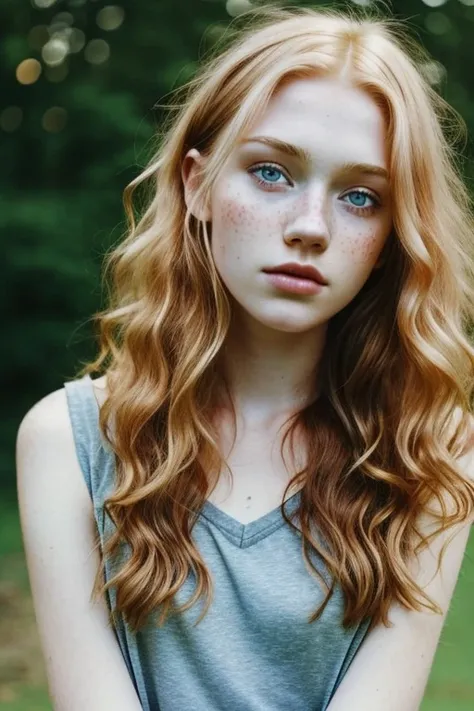 1 girl, 19yearsold, alone, aesthetic art, Irish, wavy strawberry blonde hair, Hair to the shoulders, grey-eyed, light gray eyes, some small freckles, pale skin, runner&#39;s body, (texturized skin, skin pore:1.1), shiver, wearing a cardigan with nothing un...