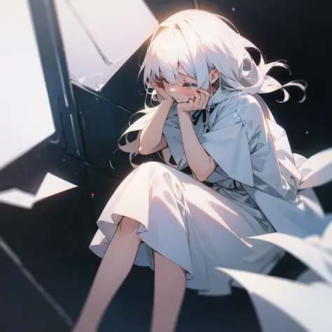 Anime girl sitting down, crying, white dress, black space on background, covering face