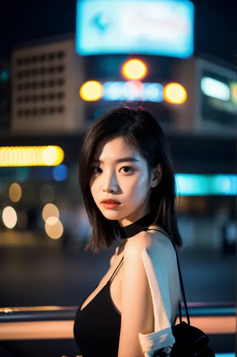 (Cinematic Aesthetic:1.4) Photo of a beautiful korean fashion model bokeh city night