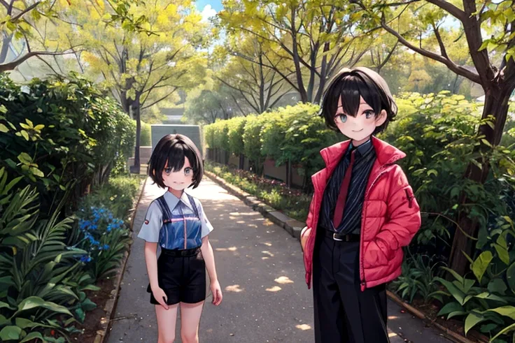 Two 10-year-old boys,Two 10-year-old girls,In nature,smile