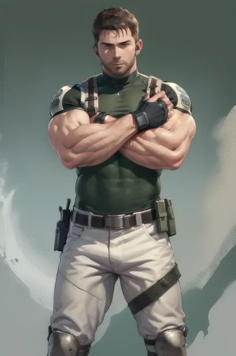 (masterpiece, best quality:1.2), cowboy shot, solo, male focus, 1boy, chris redfield, muscular male, looking at viewer, crossed arms, green taut shirt, white pants, bulge(fingerless gloves:1.1), belt