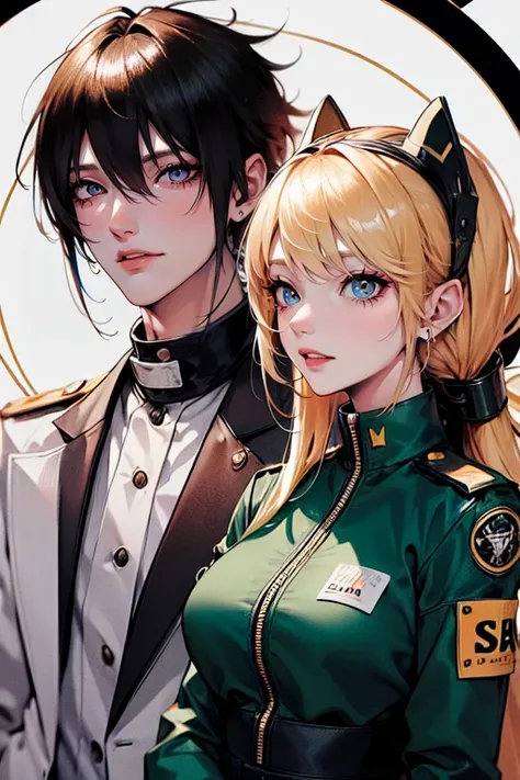 1 guy and. . (tall man,(man is taller than me woman) messy black-haired man wearing a pilot space outfit.),(a thin woman, long blonde hair, green eyes, cheerleader) best quality, adorable, ultra-detailed, illustration, complex, detailed, extremely detailed...