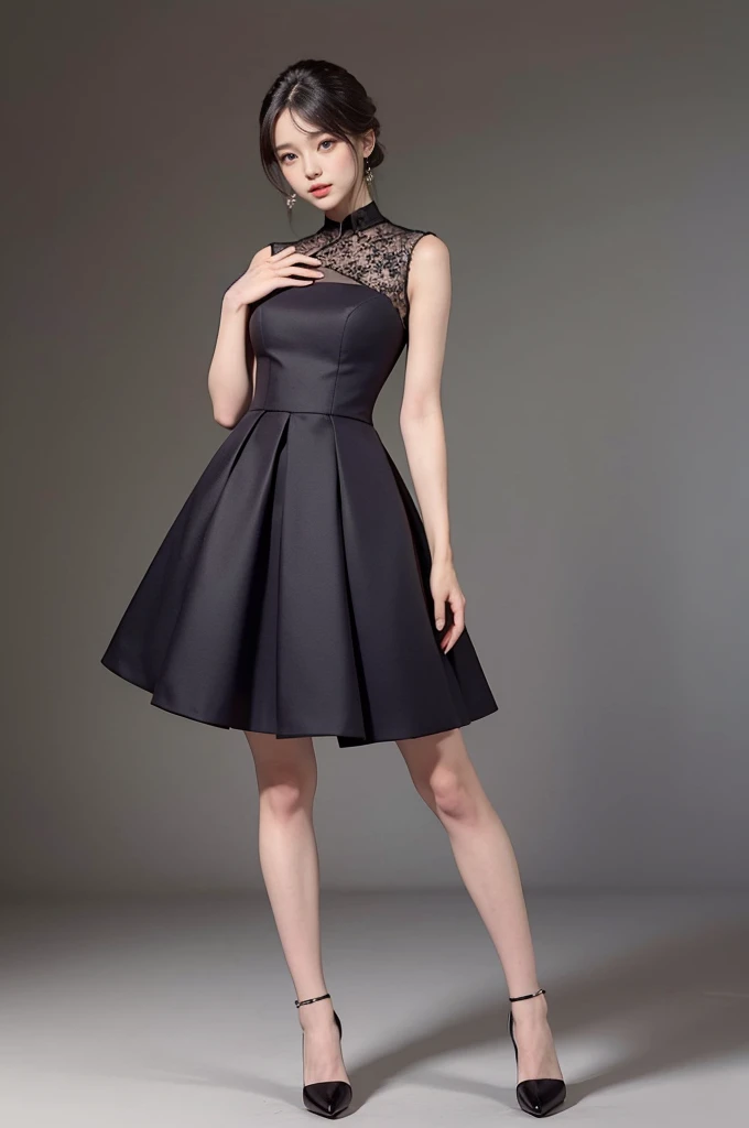 elegant dress：Choose a tailored fit、High-quality fabric dress，The length should be above the knee。Choose from solid colors or simple patterns，Pair with a pair of simple high heels，Elegant and stylish。