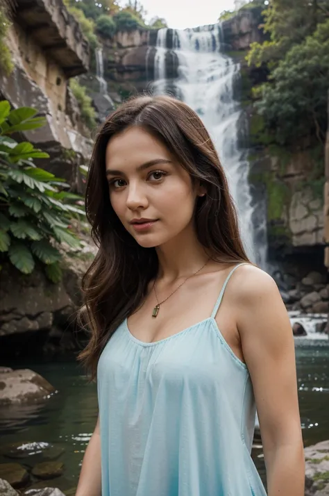 1girl in, 30 years old, Square face, Long hair, Looking at viewer, jewelry, Reality, Sexy, Nightgown colorful outfit, Waterfall backdrop , free pose