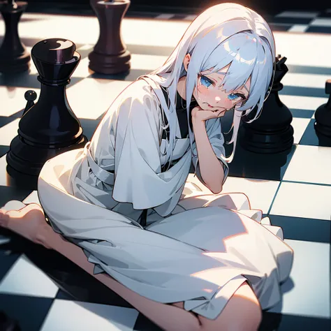 Anime girl sitting down, crying, white dress, black space on background, chess tiles on floor