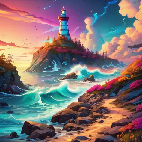 brightly colored lighthouse on a rocky shore with a bright sky, Just a joke, Inspired by Cyril Rolando (Cyril Rolando), Fantasy illustrations, Color illustrations, Cyril Rolandor style, Stylized digital illustration, A beautiful artistic illustration, ligh...