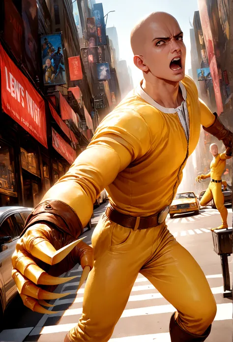 A man with sharp claws and an angry expression, 1 man, wolverine, intense expression, claws out, ready to fight, 90s comic style, new york city street, tall buildings, One Punch Man Saitama, unimpressed expression, realistic, photorealistic, hyper detailed...