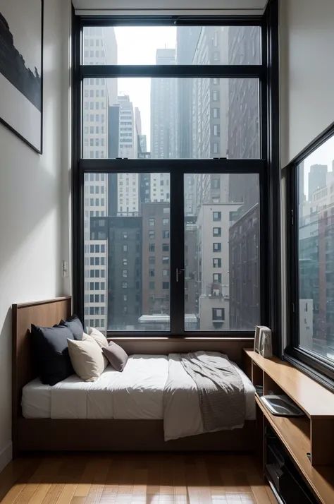 create a room in new york, with large windows with double bed, with a table next to it with a computer playing the anime demon slayer, and the weather is rainy and the night