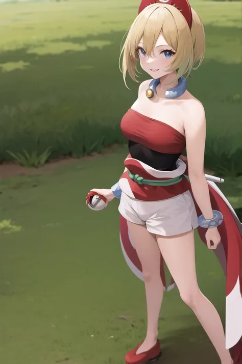 masterpiece, best quality, highres, aairida, short hair, red hairband, neck ring, collar, strapless shirt, red shirt, bracelet, sash, waist cape, white shorts, bare legs, standing, cowboy shot, outdoors, field, holding poke ball, poke ball, smile,