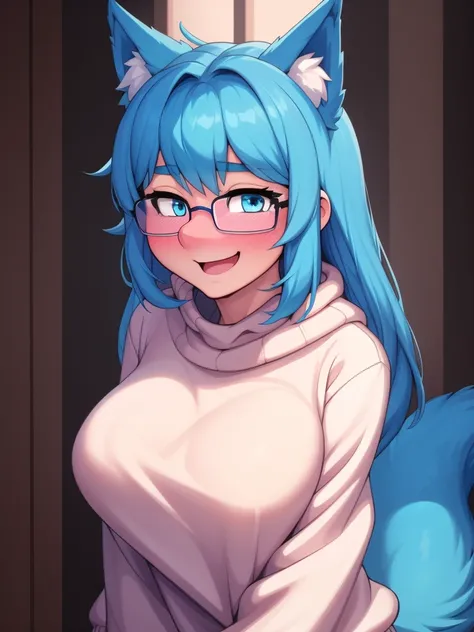 (Masterpiece) (High Detail) (High Res) A close up of a short slim humanoid girl with pale human skin and blue eyes and long blue hair and blue dog ears and a fluffy blue dog tail and average breasts. She is wearing only a oversized baggy turtle-neck sweate...