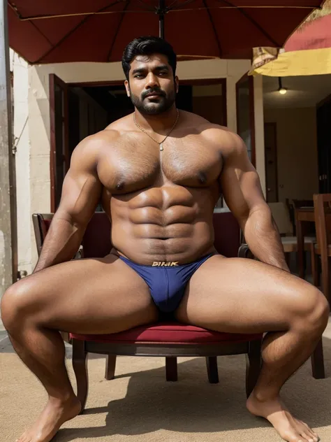 Indian guy who wear thin thong. Big body men. Seating on chair 